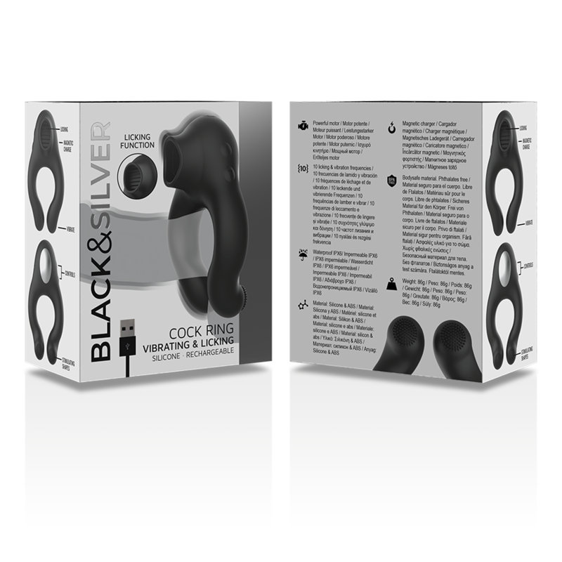 Anneau Vibrant Licking 3 Moteurs Rechargeable Noir - Black&Silver
