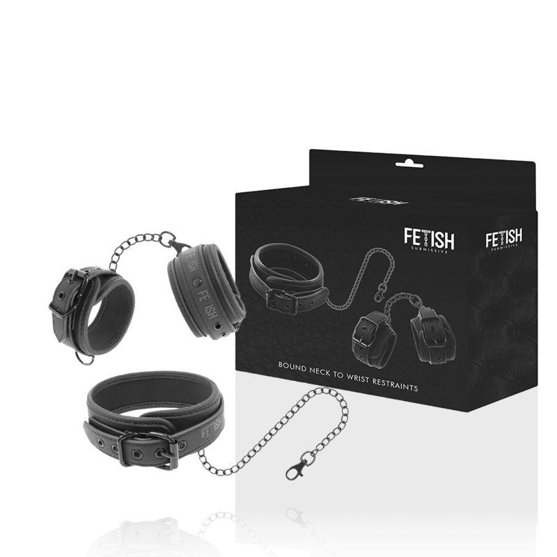 Fetish Submissive – Menottes en Cuir noir avec Collier de Cou BDSM