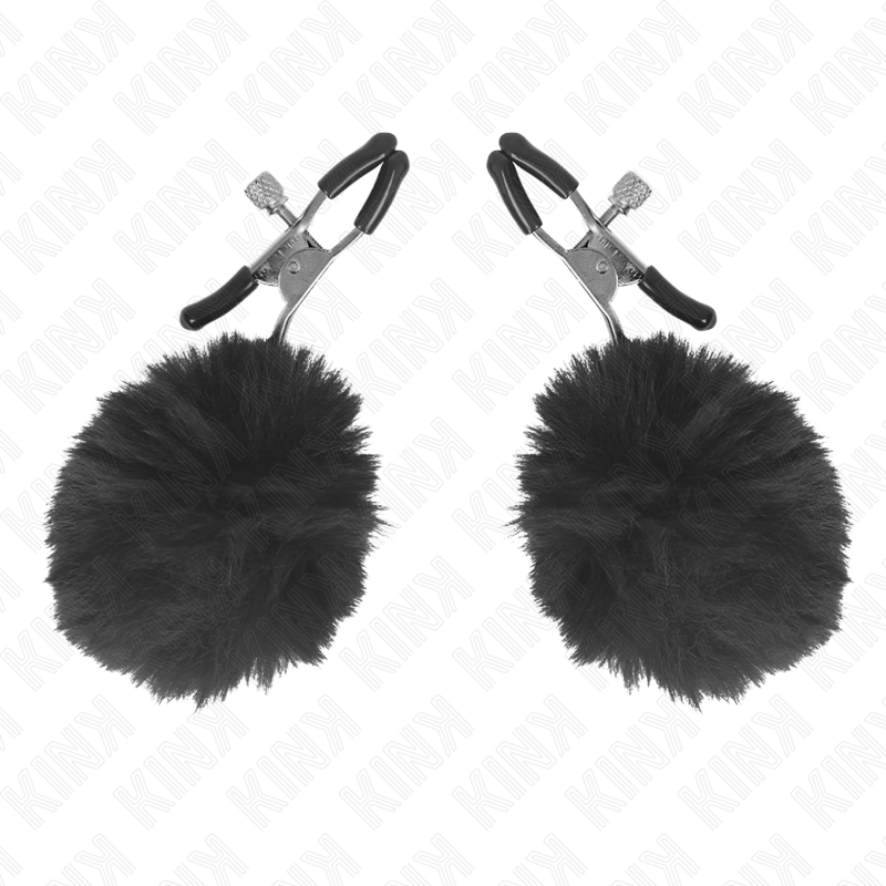 KINK – Pince à tétons avec pompons en fourrure noire