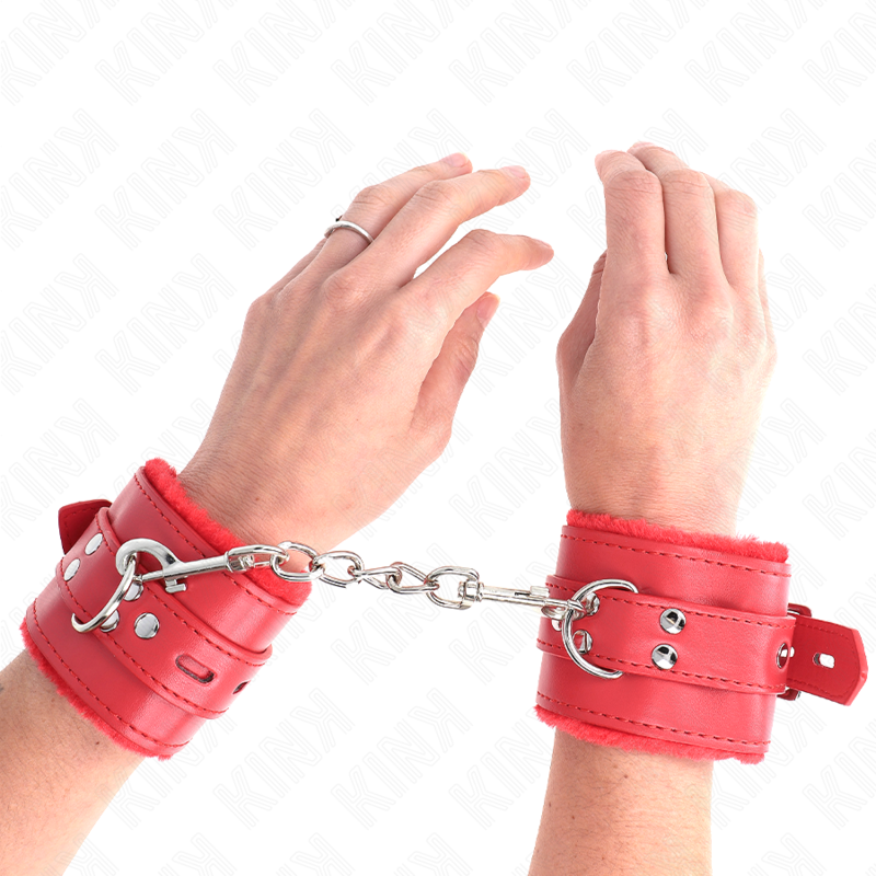 Manchettes BDSM Fourrure Rouge Réglables 17-29cm - KINK - KINK WRIST RESTRAINT