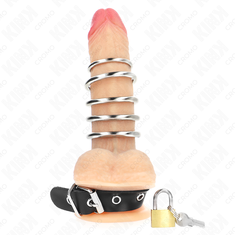 Anneau Pénien Cuir avec Sangle et 5 Anneaux Métalliques - Kink - KINK RING POWER