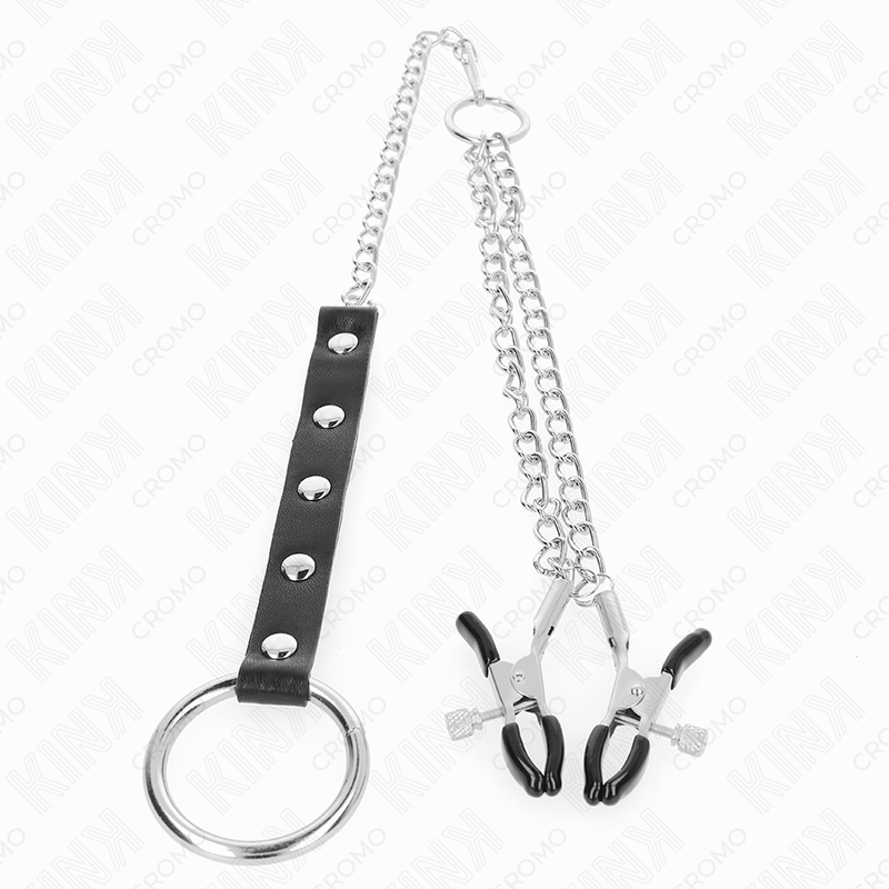 Anneau pénien métal avec chaîne et pinces à mamelons réglables - Kink - KINK RING POWER