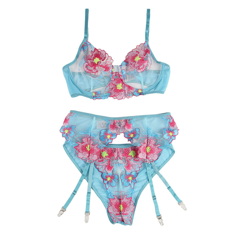 Ensemble lingerie floral bleu soutien-gorge, culotte et porte-jarretelles L/XL - Subblime - SUBBLIME SETS