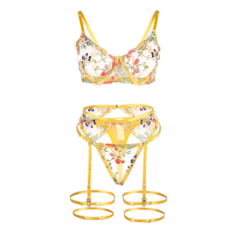 Ensemble lingerie floral jaune soutien-gorge string porte-jarretelles S/M - Subblime - SUBBLIME SETS