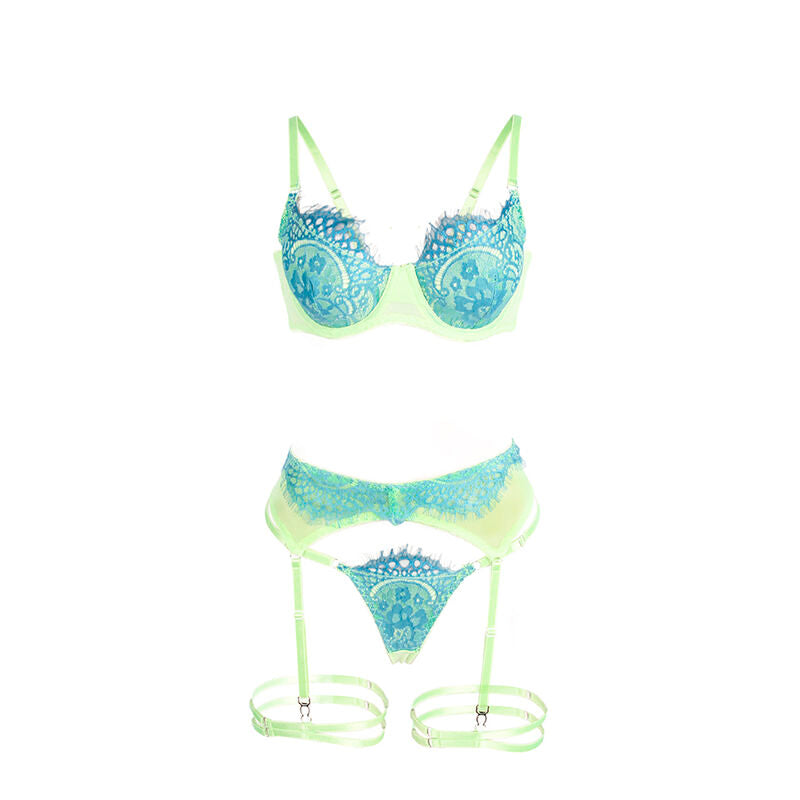 Ensemble lingerie dentelle et jarretelle vert/bleu L/XL - Subblime - SUBBLIME SETS