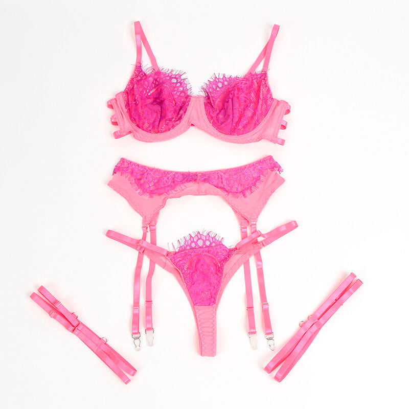 Ensemble lingerie dentelle et jarretelles rose/violet S/M - Subblime - SUBBLIME SETS