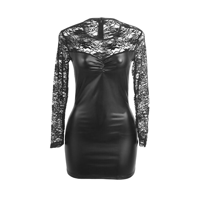 Robe à manches longues dentelle et similicuir noir L/XL - Subblime - SUBBLIME DRESSES