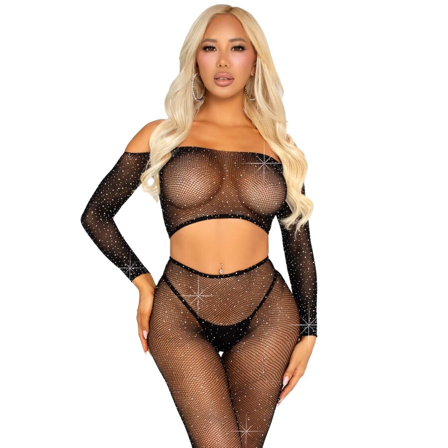 Ensemble Sexy Crop Top et Legging Résille Strass Noir - Leg Avenue