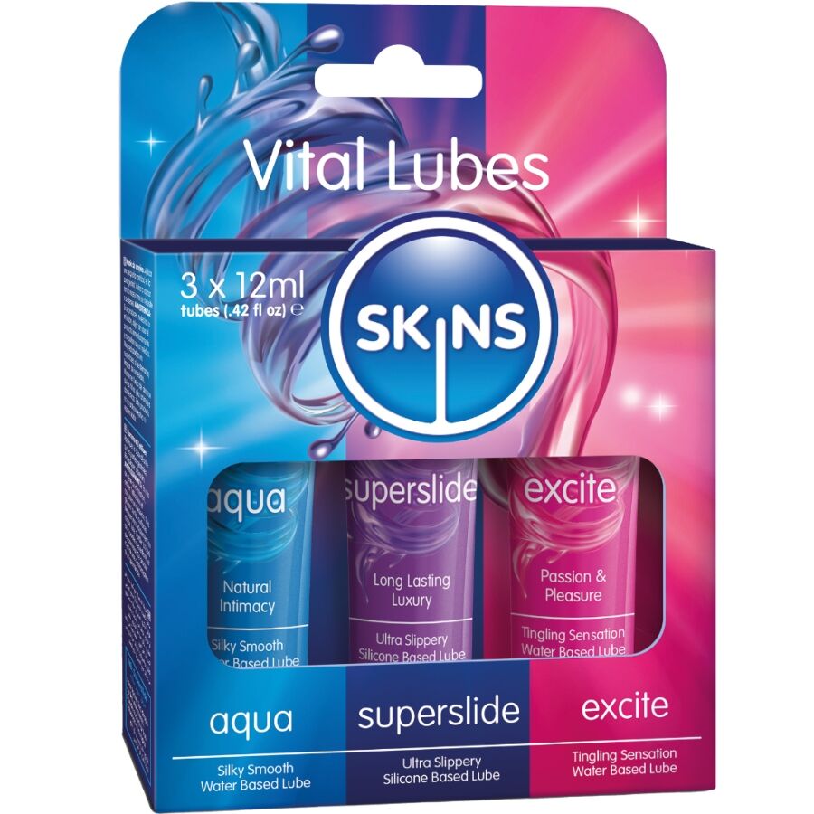 KIT DE LUBRIFIANTS VITAL POUR LA PEAU - AQUA, SUPERSLIDE ET EXCITE (3 x 12 ml) - SKINS