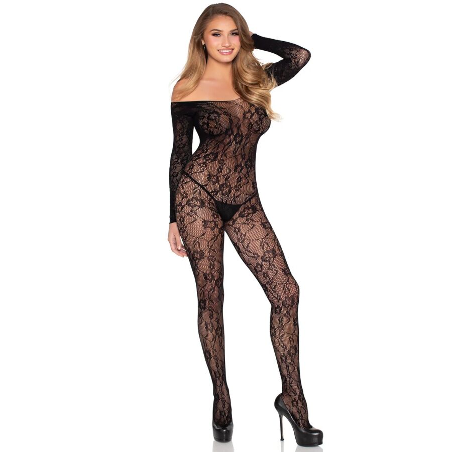 Bodystocking Dentelle Florale Noir Taille Unique - Leg Avenue