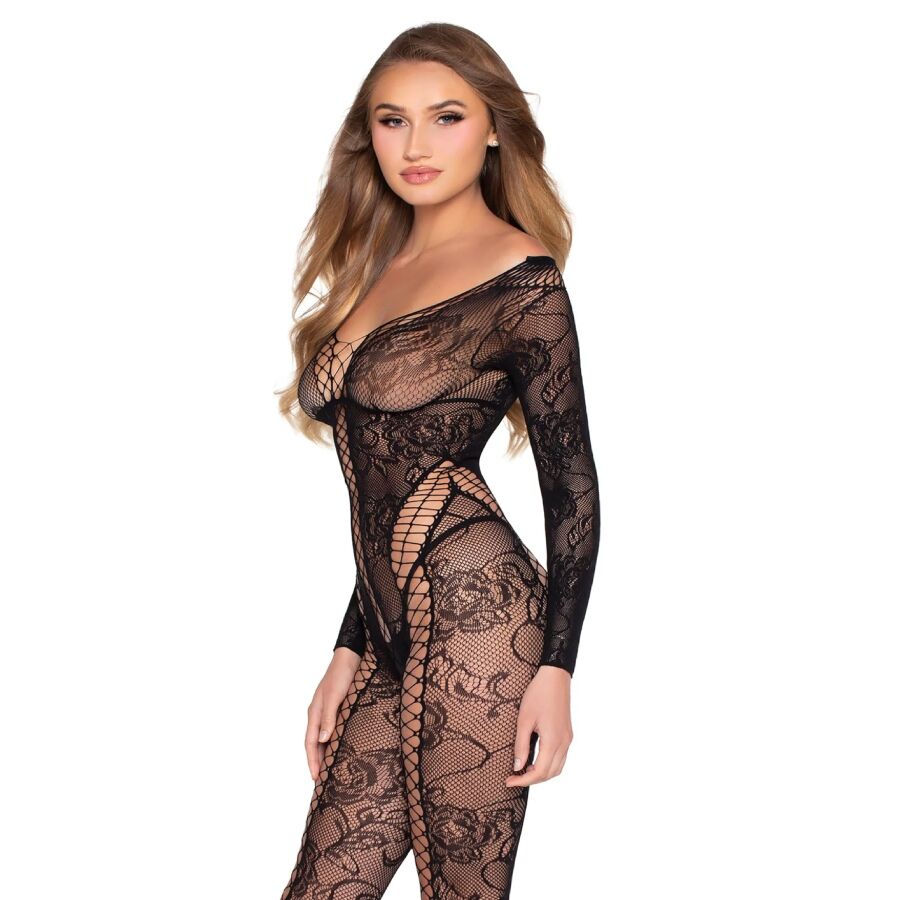 Body Combinaison Résille Dentelle Florale Noire - Leg Avenue