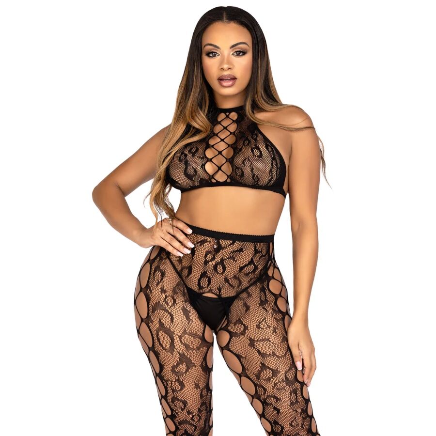 Ensemble Sexy Crop Top et Collants Ouverts Noirs - Leg Avenue