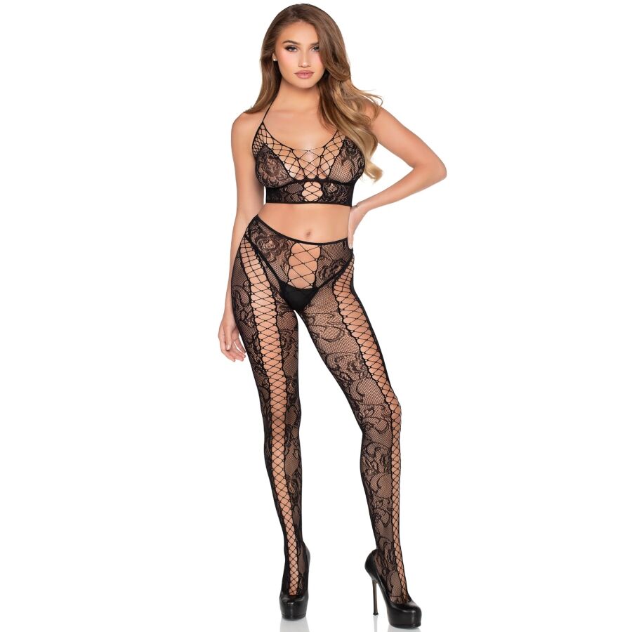 Ensemble Lingerie Crop Top et Collants Résille Noir - Leg Avenue