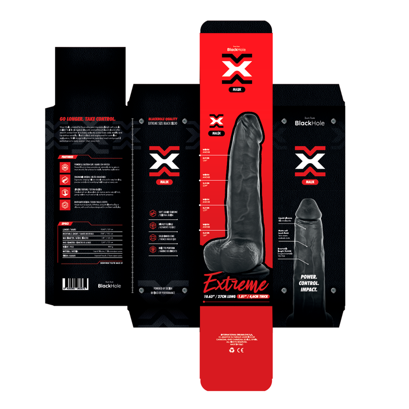 BLACKHOLE - MALIK EXTREME XL GODEMICHET RÉALISTE EN SILICONE AVEC VENTOUSE 27 CM NOIR
