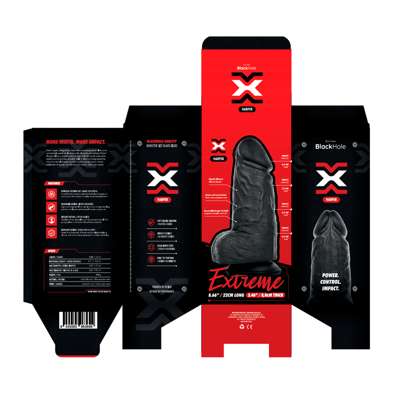 BLACKHOLE - HARPER GODEMICHET EXTRA-LARGE RÉALISTE EN SILICONE AVEC VENTOUSE 22 CM NOIR
