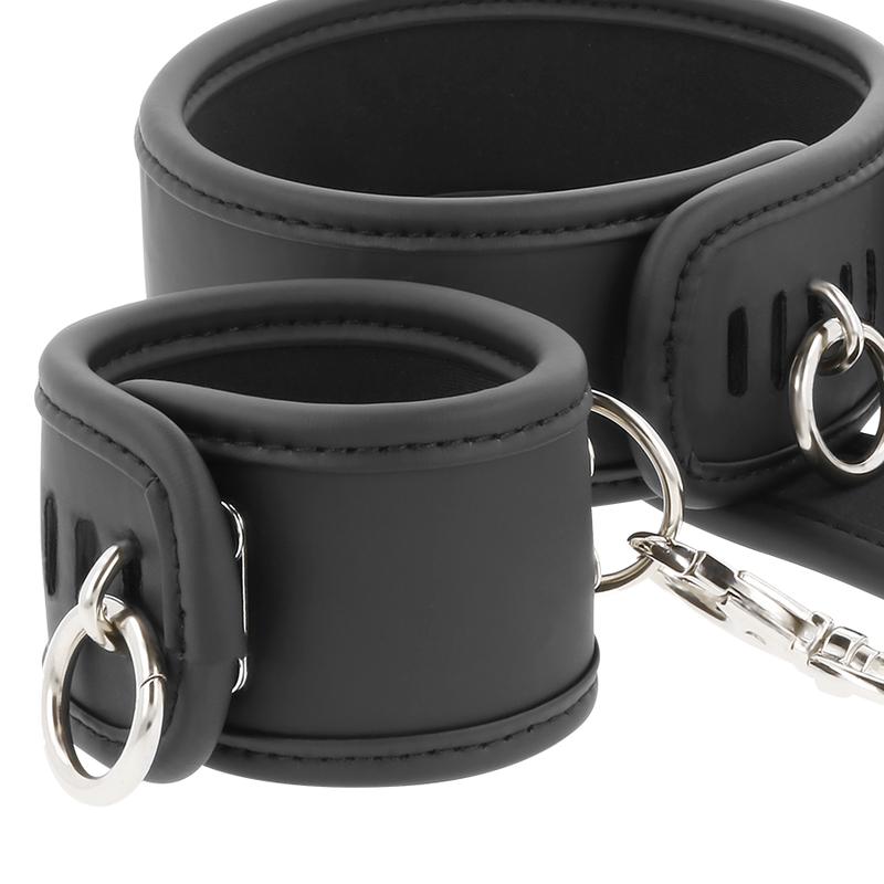 Fetish Submissive – Menottes BDSM en cuir noir avec Collier de Cou
