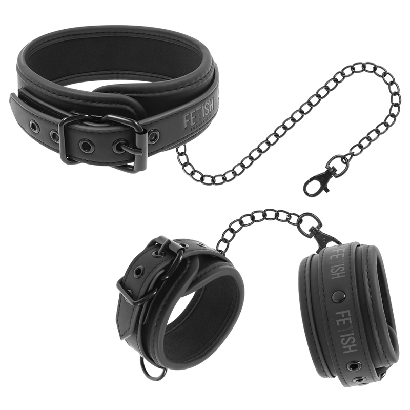 Fetish Submissive – Menottes en Cuir noir avec Collier de Cou BDSM
