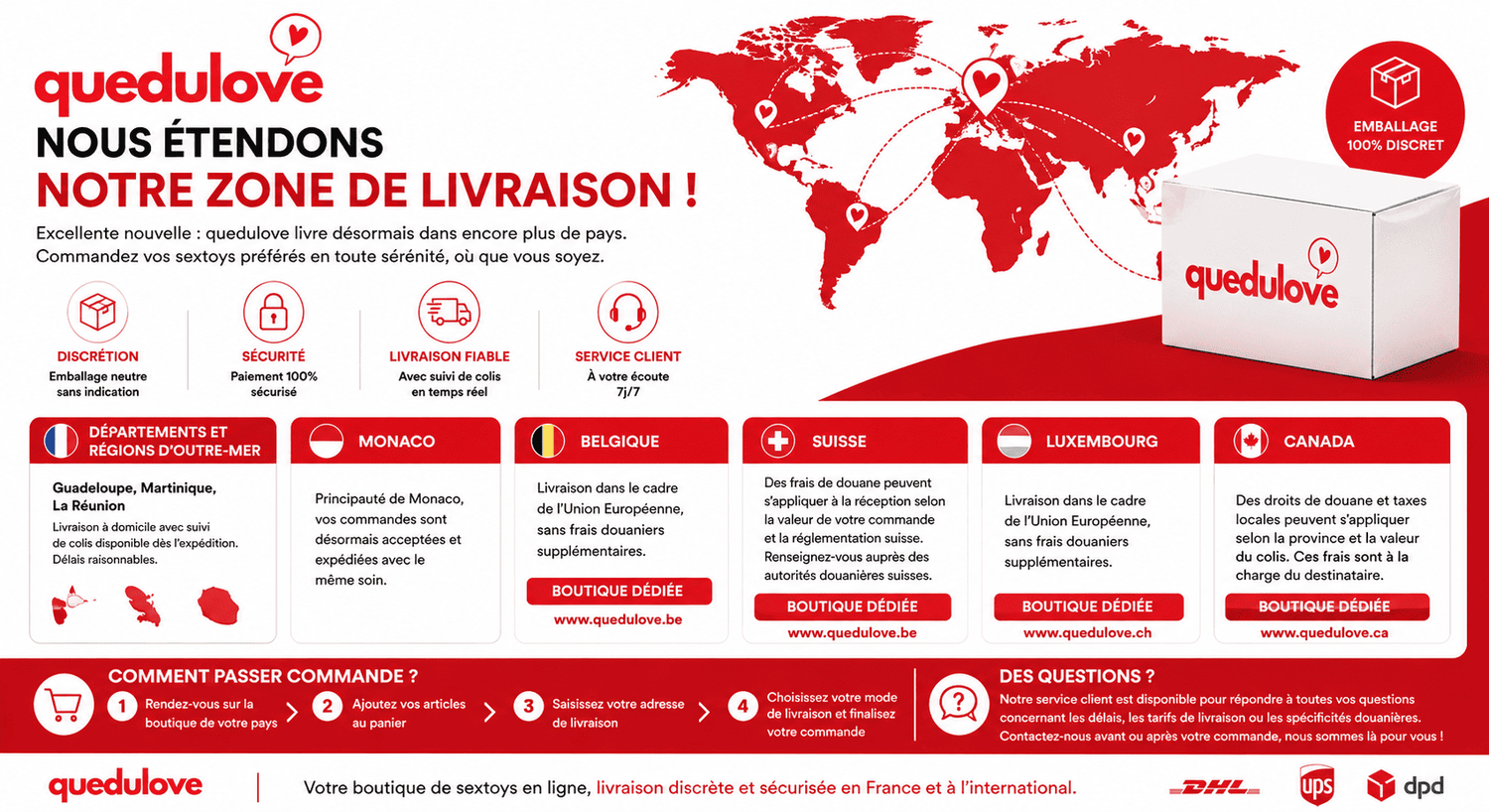 quedulove livre désormais en Belgique, Suisse, Canada, Monaco et dans les DOM-TOM 🌍