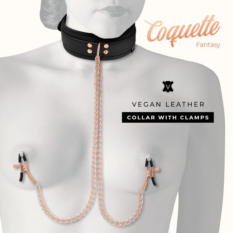 Collier Cuir Vegan avec Pinces Tétons Chaîne - Coquette Fantasy