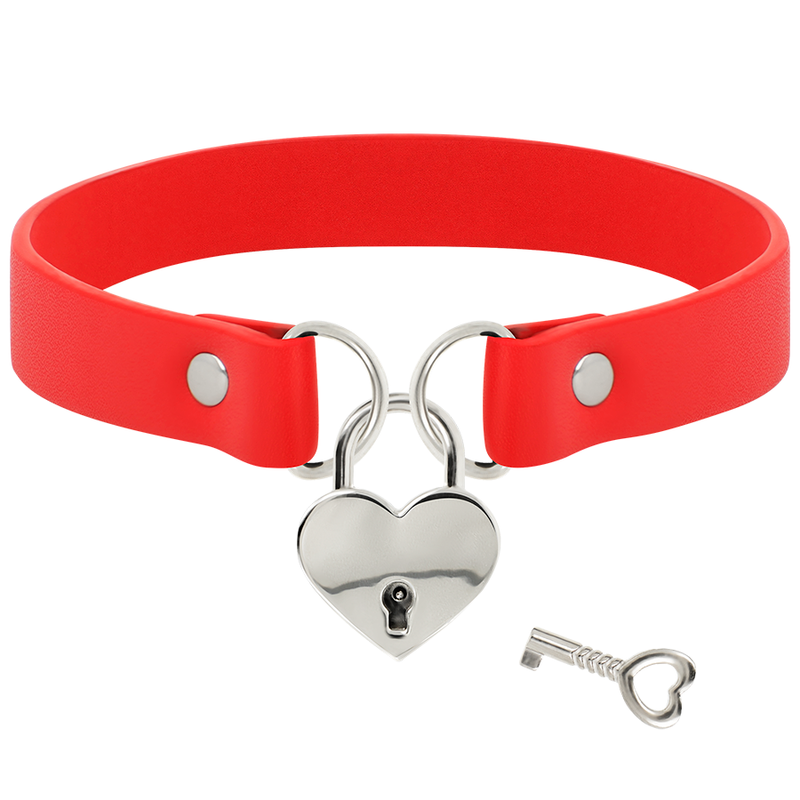 Collier Fétiche Cuir Végan Rouge Cœur et Clé - Coquette