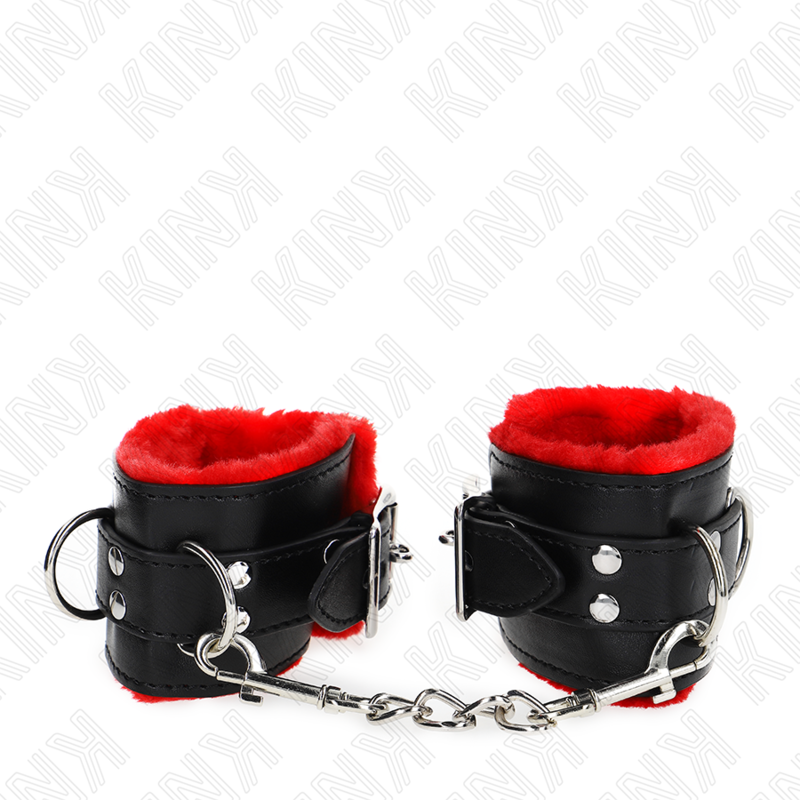 Menottes BDSM Cuir Doublées Fourrure Rouge Noir - Kink - KINK WRIST RESTRAINT