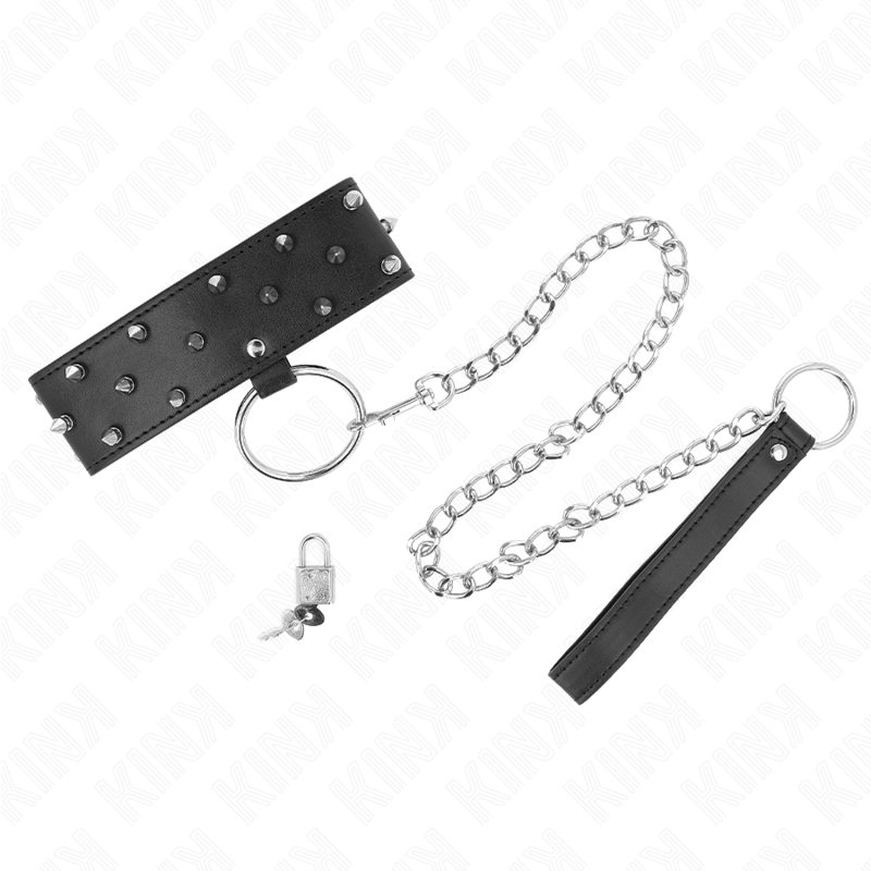 Collier avec Laisse Clous Argentés Réglable 65cm - KINK - KINK COLLAR & GAG