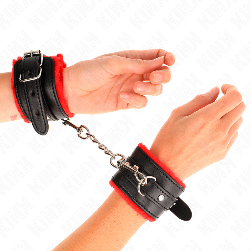 Menottes Cuir Fourrure Premium Rouge Réglables - KINK - KINK WRIST RESTRAINT
