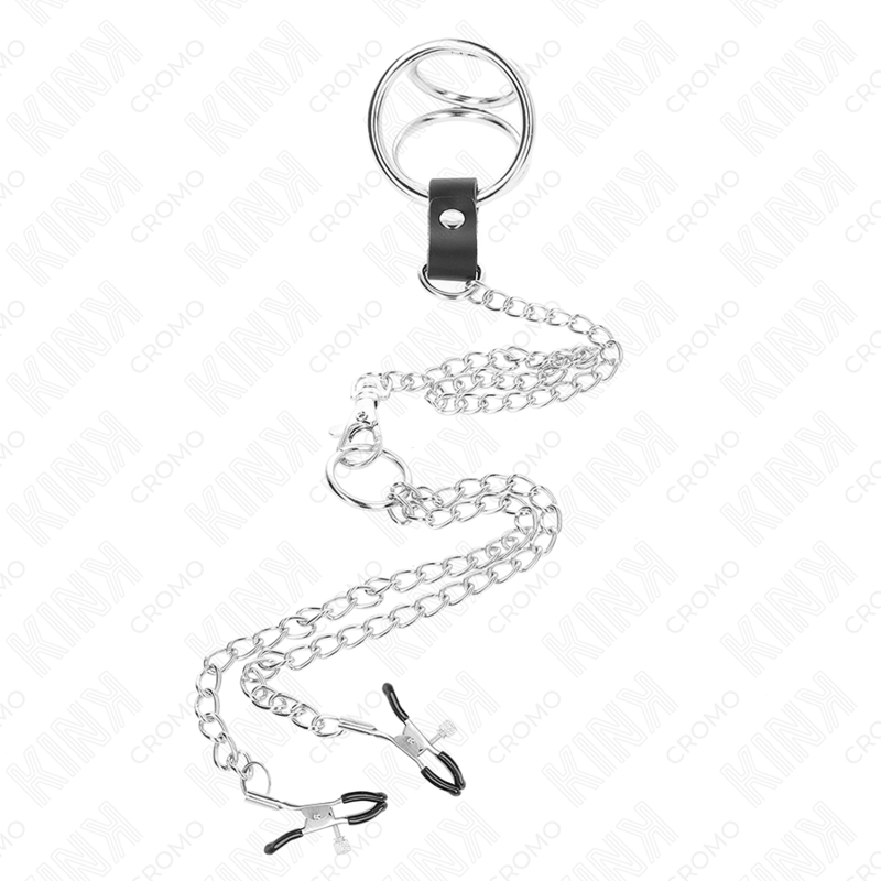 Anneau Pénien Triple Chrome avec Pinces Tétons 26cm - KINK - KINK RING POWER