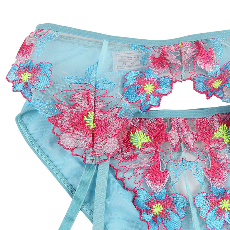 Ensemble lingerie floral bleu soutien-gorge culotte porte-jarretelles S/M - Subblime - SUBBLIME SETS
