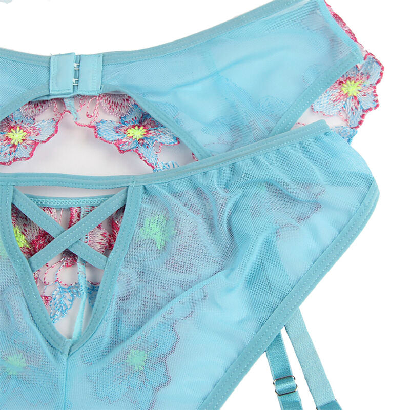 Ensemble lingerie floral bleu soutien-gorge culotte porte-jarretelles S/M - Subblime - SUBBLIME SETS