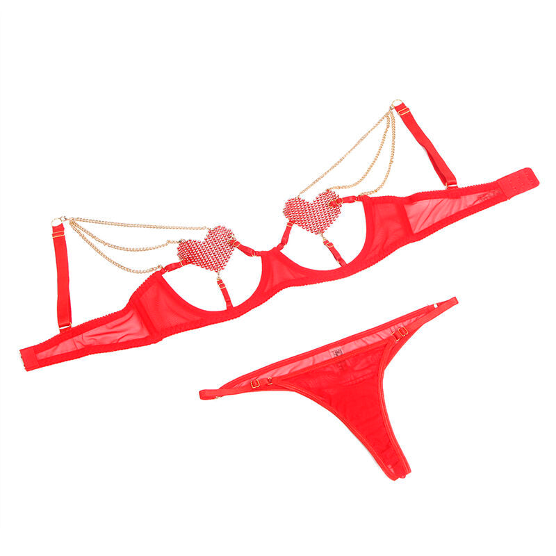 Ensemble soutien-gorge en maille rouge chaînes cœur L/XL - Subblime - SUBBLIME SETS