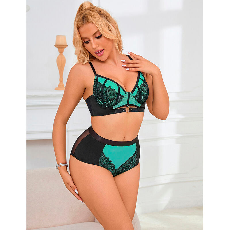 Grüner glänzender Leder-Dessous-Set mit Reißverschluss S/M - Subblime