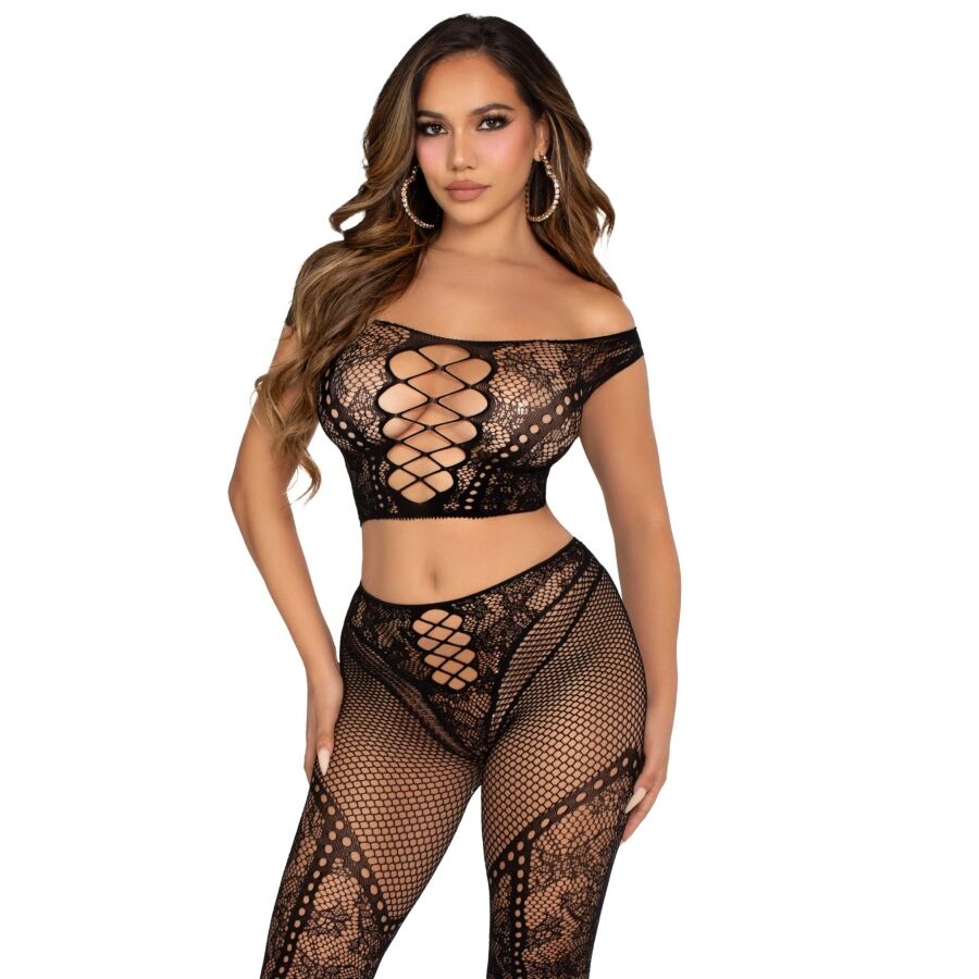 Ensemble Lingerie Crop Top et Legging Résille Noir - Leg Avenue