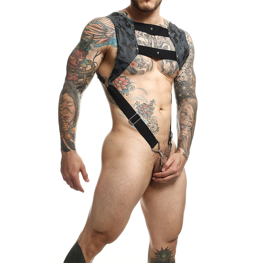 Harnais bondage MOB Dongeon avec anneau pénis argent - MaleBasics - MOB