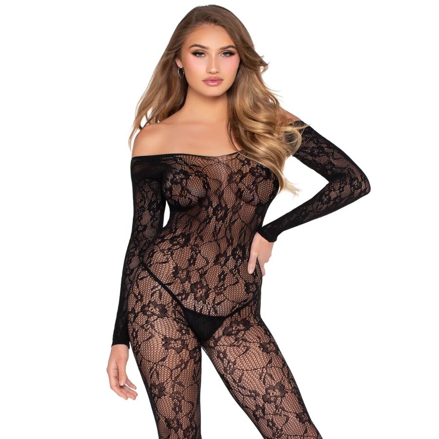 Bodystocking Dentelle Florale Noir Taille Unique - Leg Avenue