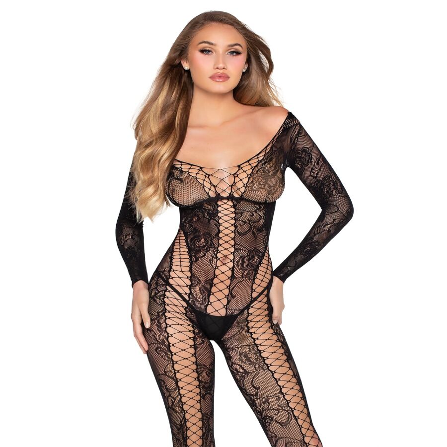 Body Combinaison Résille Dentelle Florale Noire - Leg Avenue