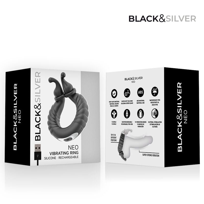 BLACK &amp; SILVER - ANNEAU VIBRANT RECHARGEABLE POUR COUPLES NEO NOIR