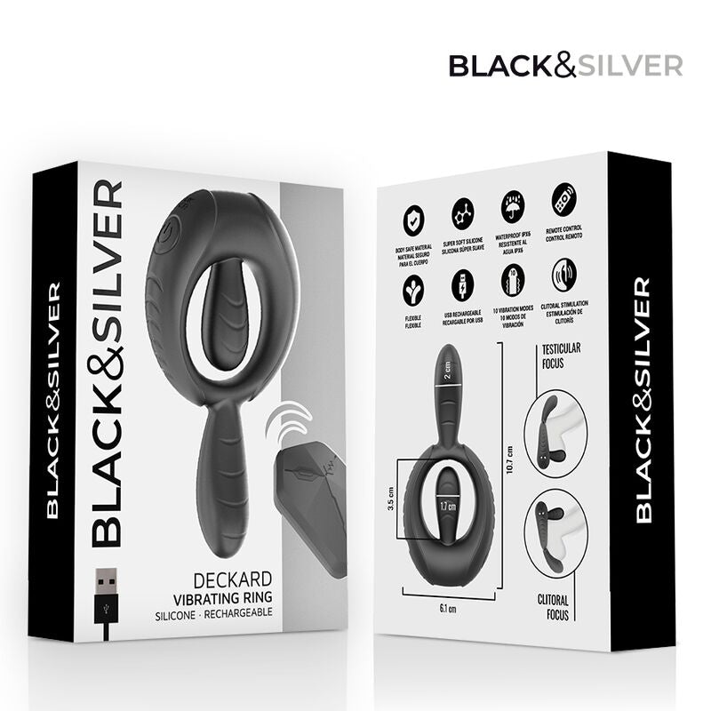 BLACK &amp; SILVER - ANNEAU VIBRANT RECHARGEABLE DECKARD AVEC TÉLÉCOMMANDE NOIR