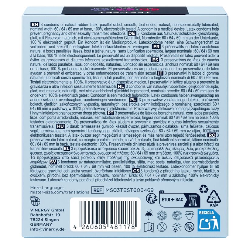 MISTER SIZE - PACK ÉCHANTILLON DE PRÉSERVATIFS TAILLE 60-64-69 MM (3 UNITÉS)