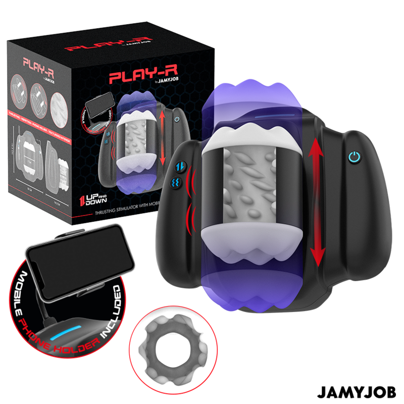 JAMYJOB - PLAY-R MASTURBATEUR AUTOMATIQUE AVEC POUSSE, VIBRATION ET SUPPORT POUR TÉLÉPHONE PORTABLE NOIR