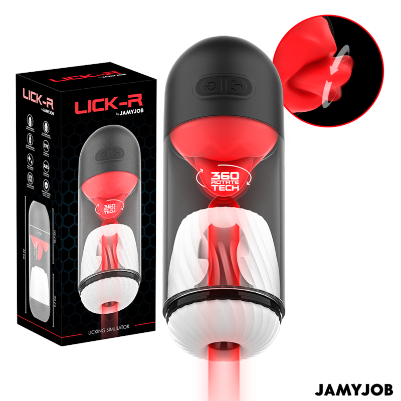 JAMYJOB - MASTURBATEUR LICK-R AVEC SIMULATEUR DE LÉCHAGE ROTATIF À 360° ET VIBRATION NOIR