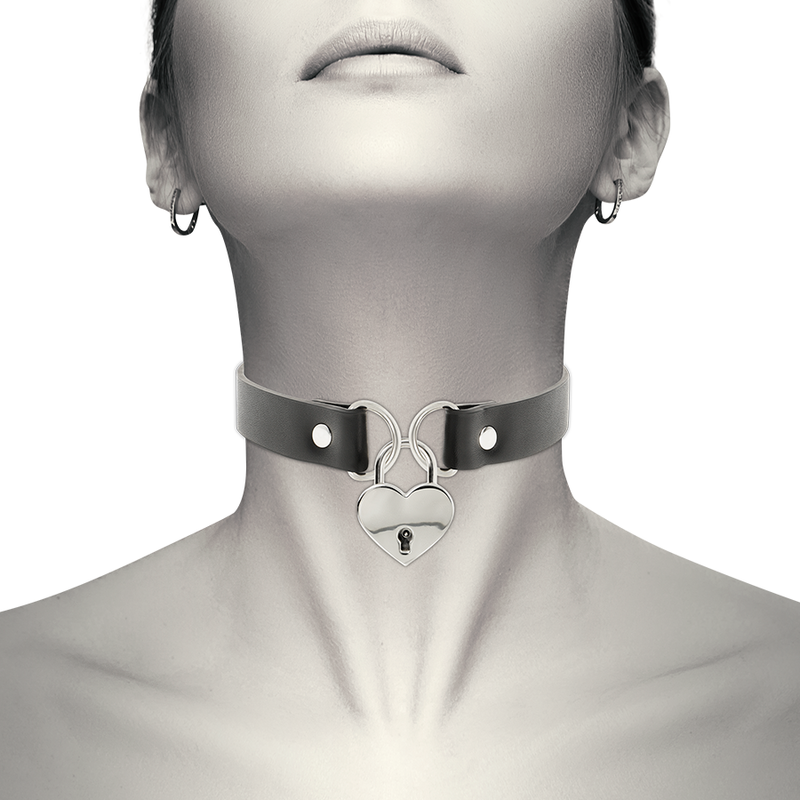 Collier Fétiche Cuir Végan Cœur et Clé Noir - Coquette